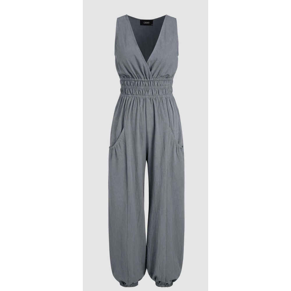 Cider Grey V-Neck Shirred Linen Blend Sleeveless Jogger Jumpsuit, XS